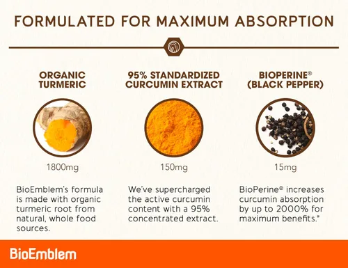Miniatura 2 de BioEmblem Suplemento de curcumina de cúrcuma con BioPerine Apoyo articular y salud cardíaca con polvo de cúrcuma orgánica y 95% extracto
