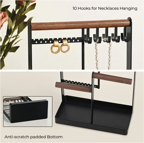 Miniatura 5 de MetWoods Organizador de joyas con bandeja, organizador de joyas de 5 niveles, organizador de aretes con 48 agujeros, 10 ganchos, soporte