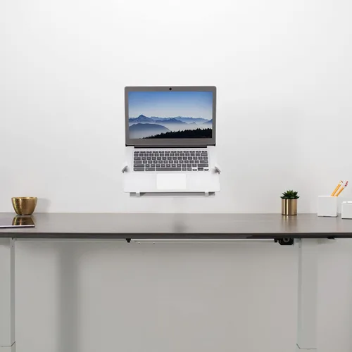 Miniatura 4 de VIVO Soporte de pared para portátil de brazo extendido neumático ajustable en altura, bandeja articulada de movimiento completo, se adapta a Blanco