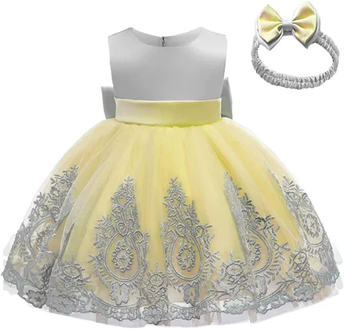 Miniatura 3 de Vestido de encaje bordado con lazo para bebé, para cumpleaños, boda, fiesta formal, tutú con gorro
