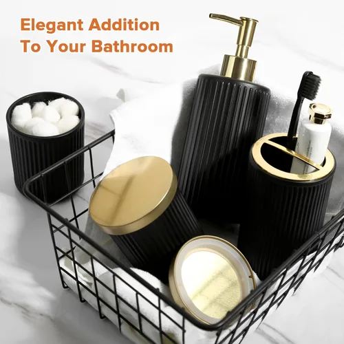 Miniatura 6 de RYTOXILO Juego de accesorios de baño negro mate y dorado, 4 paquetes de juegos de accesorios de baño de vidrio completos, juego de dispensador