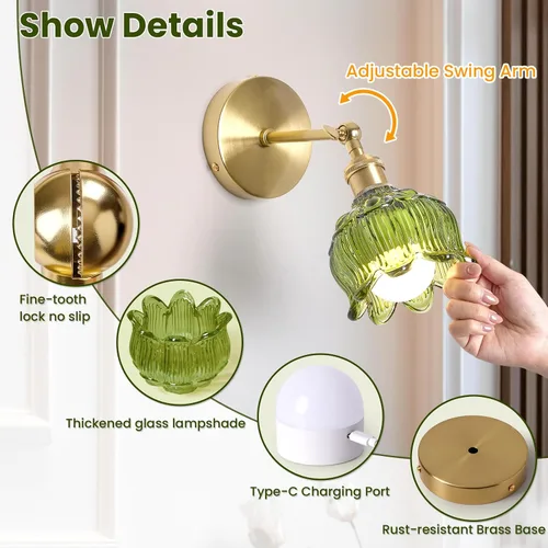 Miniatura 5 de Vintage Battery Operated Wall Sconces - 5000mAh Rechargeable Dimmable Wireless Lights with Remote Control - Set of 2 Green Flower Glass Powered