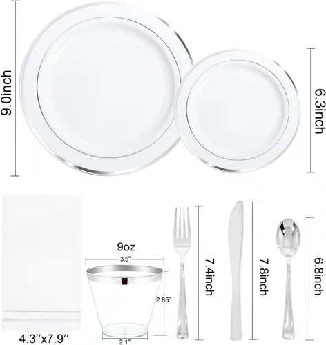 Miniatura 2 de GATHER 350 platos de plástico plateado, platos desechables blancos y plateados para 50 invitados, incluye 100 platos, 50 servilletas, 150 cubiertos