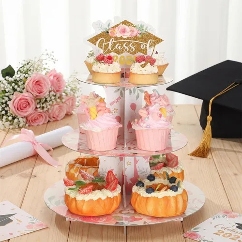 Miniatura 4 de Tioncy Juego de 2 soportes florales de 3 niveles para cupcakes de graduación para 24 cupcakes, decoración de tapa de graduación de cartón