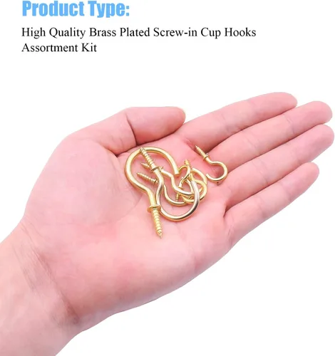 Miniatura 6 de DYWISHKEY Kit de ganchos de tornillo para tazas, 136 unidades, 7 tamaños, ganchos de rosca chapados en latón para el hogar, la oficina y el lugar