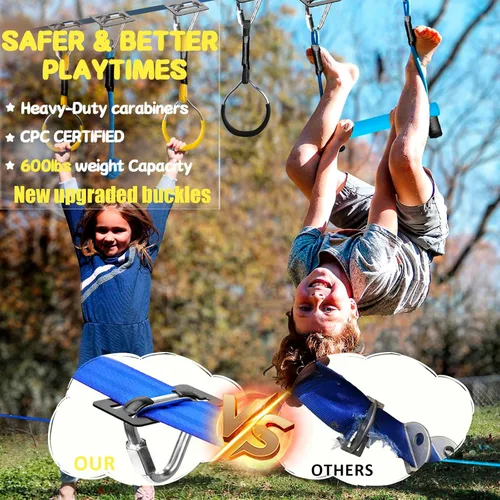 Miniatura 4 de Carrera de obstáculos Ninja Warrior para niños, kit de línea floja de 2 x 56 pies con 8 accesorios ninja, barra de mono, escalera de cuerda, anillo