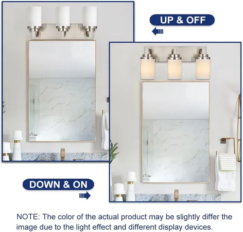 Miniatura 5 de TODOLUZ Lámpara de baño de 3 luces con pantallas de vidrio blanco ópalo, iluminación moderna de baño sobre espejo de níquel cepillado para cocina