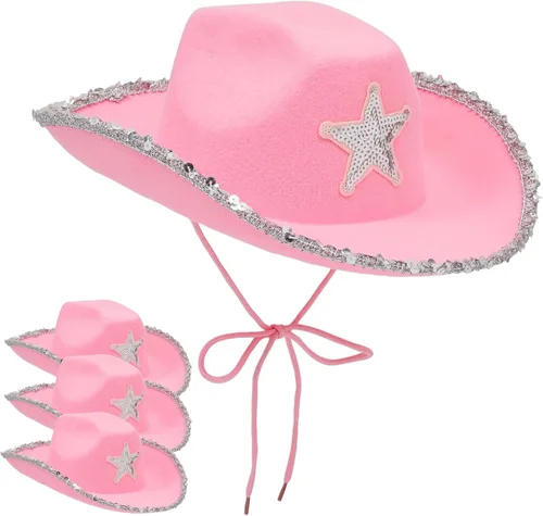 Zodaca Paquete de 4 sombreros de vaquera, fieltro rosa claro, adulto, 14.5 x 11.5 x 5 pulgadas, juego de 4 sombreros de vaquero rosa para mujer con