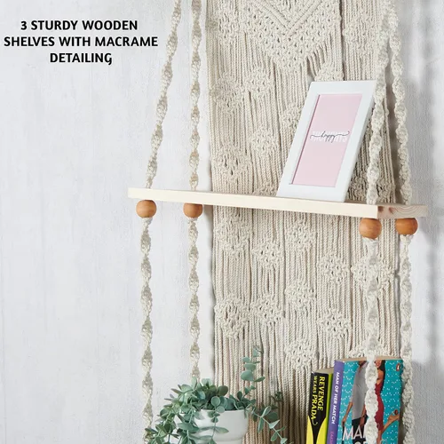 Miniatura 5 de Folkulture Estante de pared colgante de macramé de 3 niveles o estantes flotantes para decoración bohemia de habitación, estantes colgantes