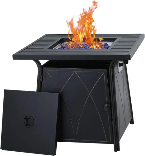 Mesa cuadrada para fogata de gas de 50,000 BTU para exteriores, para patio, jardín, campamento, calefacción al aire libre con vidrio azul