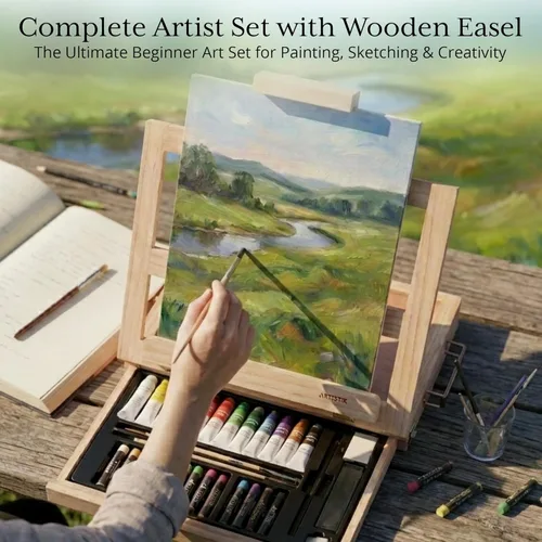 Miniatura 6 de Artistik Mixed Media Easel Art Set – Juego de pintura de caballete de escritorio de madera de 34 piezas con pinturas acrílicas, 3 tableros de lienzo