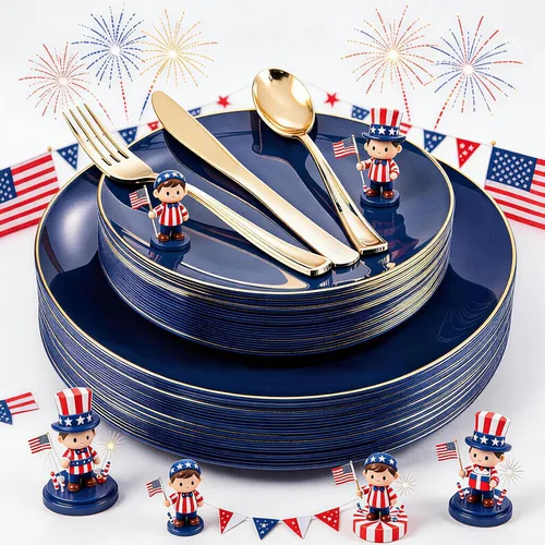 Miniatura 17 de YOUBET 125 piezas de platos de plástico negros y dorados - Platos desechables negros con borde dorado - Incluye 25 platos de cena, 25 platos