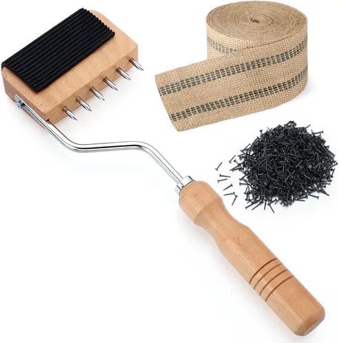 Miniatura 7 de Juego de herramientas de tapicería de 3.5 pulgadas, cinta de yute de arpillera de 10 yardas, mango de madera, 115 tachuelas de tapicería negras