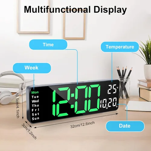 Miniatura 4 de Lafocuse Reloj de pared digital silencioso de 13 pulgadas, pantalla grande verde con fecha y semana, reloj LED con control remoto para decoración