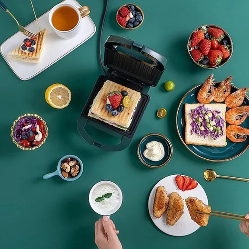Miniatura 6 de Sandwichera, tostadora y parrilla eléctrica Panini con placa de revestimiento antiadherente para sándwiches de queso a la parrilla, fácil de Verde