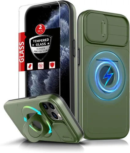 Miniatura 24 de Funda magnética para iPhone 11 Pro compatible con carga inalámbrica MagSafe, con 2 protectores de pantalla, anillo kickstand de 360° integrado +