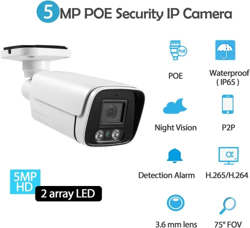 Miniatura 2 de Cámara IP POE de 5 MP, cámara de seguridad impermeable IP65 para interiores y exteriores, lente de 0.142 in, visión nocturna IR de 49.2 ft, cámara