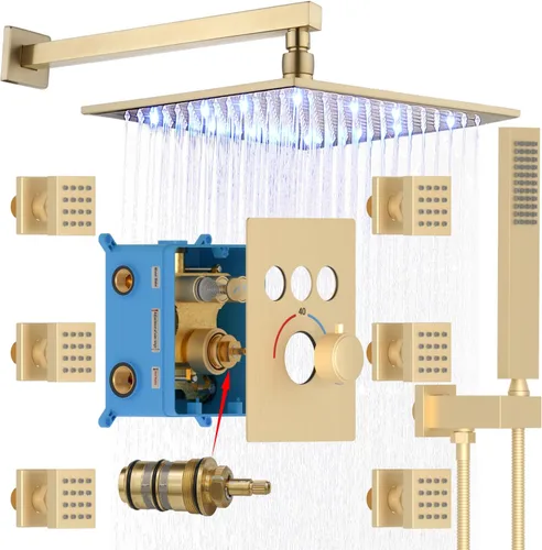 Miniatura 14 de Sistema de ducha de lluvia de oro cepillado, ducha de cuerpo completo Enga de 12 pulgadas con chorros corporales, juego combinado de ducha moderno