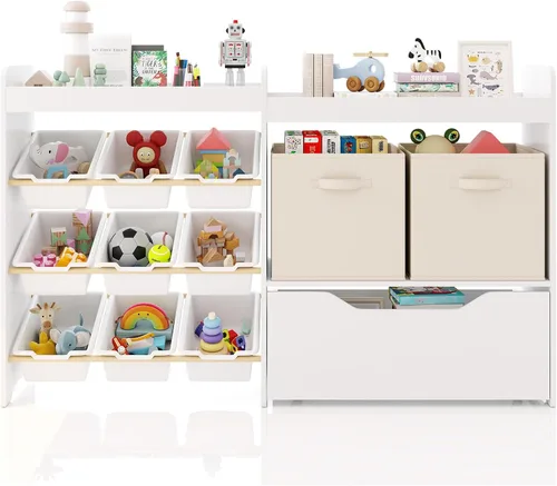 COSVALVE Organizador de almacenamiento de juguetes para niños, organizadores de juguetes de 4 niveles con 2 cubos abiertos, 9 cajas y 2 contenedores
