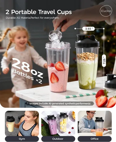 Miniatura 5 de iCucina Licuadora de batidos, licuadora personal para batidos y batidos, tecnología de pulso de 700 W, licuadoras de una sola porción con 2 vasos