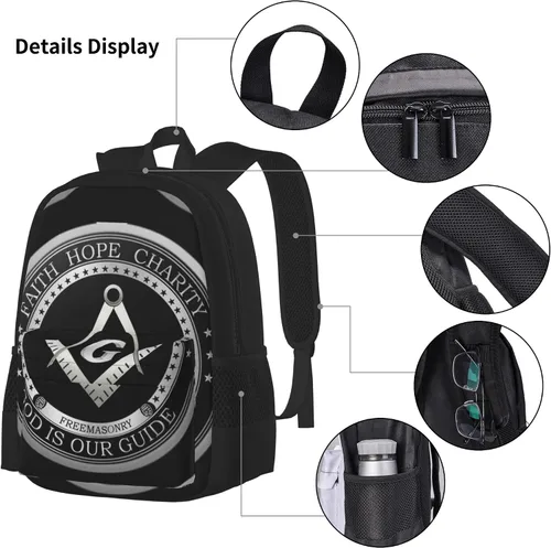 Miniatura 3 de SWEET TANG Mochila escolar para estudiantes, con logotipo masónico de Fe, Esperanza y Caridad, Masón, Negro, Viaje, Senderismo, Gran Capacidad