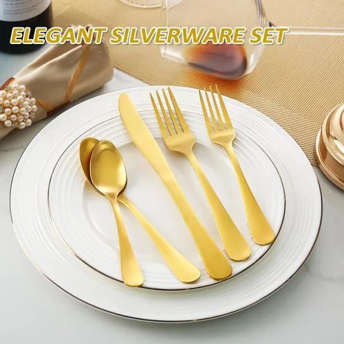 Miniatura 7 de Lorena - Juego de cubiertos dorados de 20 piezas, juego de cubiertos dorados de acero inoxidable, juego de cubiertos de cocina, incluye cuchillos