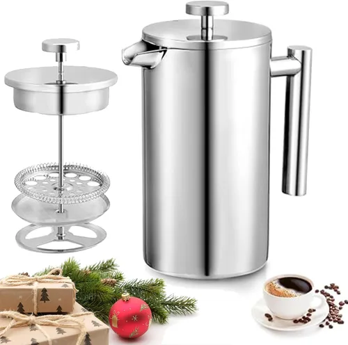 Miuly French Press - Prensa de café de acero inoxidable 304 con doble aislamiento de 34 onzas, cafetera de acero inoxidable (34 onzas, plateada)