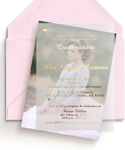 Juego de 10 invitaciones de quinceañera con foto, invitaciones de quinceañera de Vellum con imagen, invitaciones de oro personalizables,
