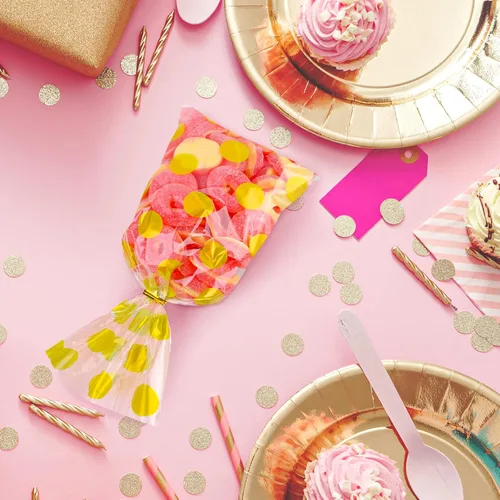 Miniatura 5 de Aodaer 100 bolsas de celofán dorado de 10.6 x 5.1 pulgadas, bolsas de plástico para dulces, bolsas de celofán, diseño de rayas de lunares, bolsa