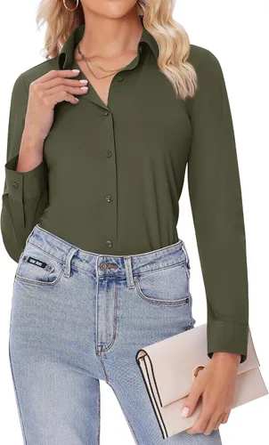 Miniatura 9 de siliteelon Camisas con botones para mujer, ajustadas, de manga larga, elásticas, de vestir, camisas de trabajo, sin arrugas, blusas de oficina