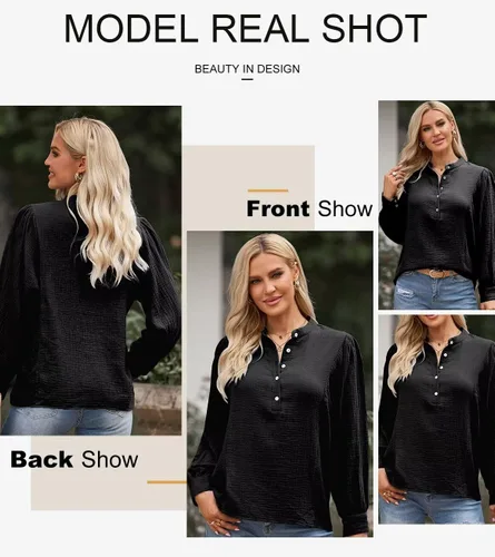 Miniatura 5 de Astylish Camisas para mujer con manga de farol, blusas básicas con textura plisada con medio botón
