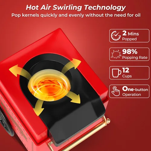 Miniatura 6 de COSTWAY - Máquina de palomitas de aire caliente retro 1200W, sin aceite y sin grasa, hace 12 tazas, máquina de palomitas de pie con taza medidora