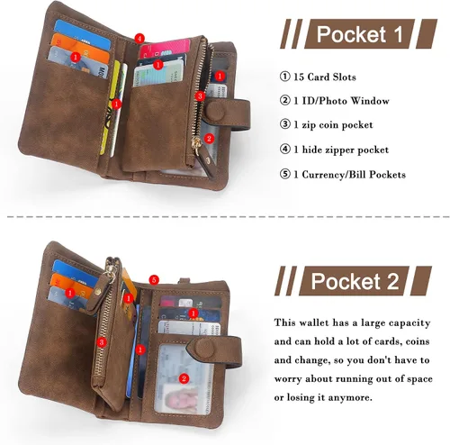 Miniatura 3 de Billeteras con bloqueo RFID para mujer, de gran capacidad, de cuero suave, cartera pequeña con correa para la muñeca, Marrón, Casual