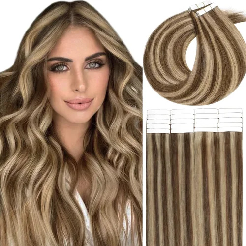 Miniatura 14 de Lacer Extensiones de cabello humano con cinta, cabello humano castaño mezclado con marrón oscuro con raíces de color marrón oscuro, invisible