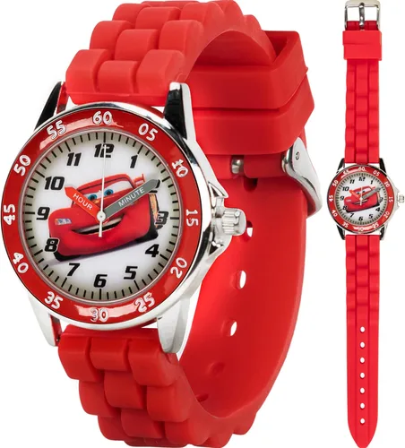 Disney Reloj para enseñar la hora a niños CZ1009 Cars Rayo McQueen Reloj circular con correa de hule roja