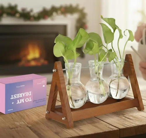 Miniatura 4 de Terrario para plantas con soporte de madera, jarrón de vidrio de 3 bombillas, soporte de metal, maceta hidropónica retro para decoración de hogar