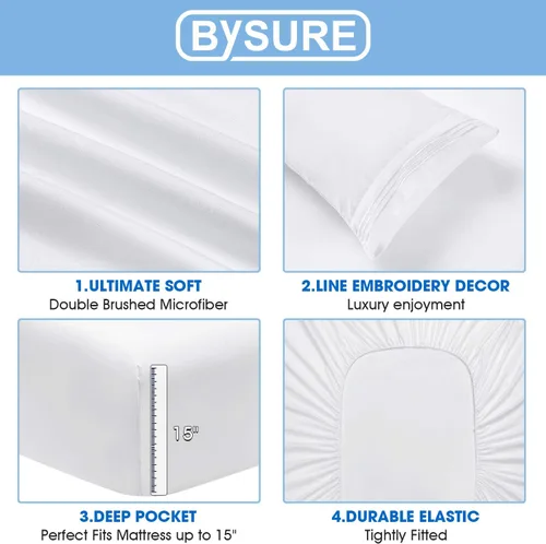 Miniatura 4 de BYSURE Juego de sábanas de hotel con 4 fundas de almohada bordadas (tamaño King, blanco brillante), sábanas de microfibra de bolsillo profundo de 15