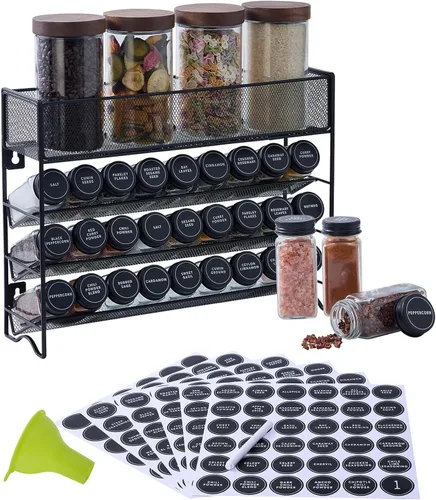 Organizador de especias con 27 tarros de especias con tapas negras, embudo, etiquetas de especias, bolígrafo, organizador de condimentos para