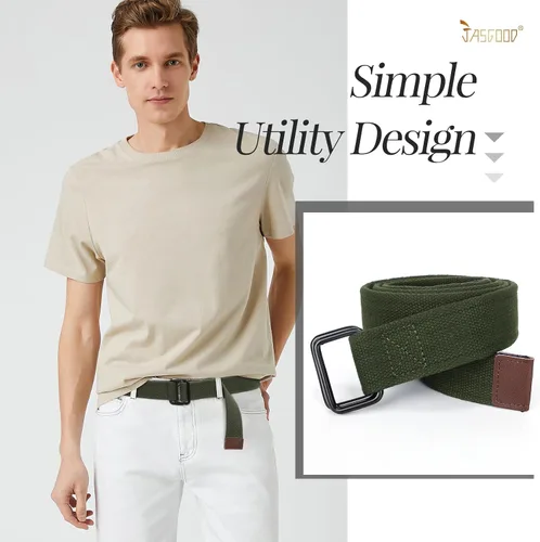 Miniatura 6 de JASGOOD Cinturones de tela de lona para hombre, cinturones casuales de tela con hebilla de doble anillo negro, paquete de 2