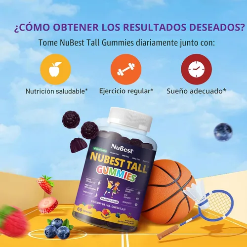 Miniatura 7 de NuBest Gomitas Tall para Niños de 2+ Años y Adolescentes Fortaleza Ósea, Inmunidad, Salud Digestiva con Calcio, Vitamina D3, K2, Complejo B