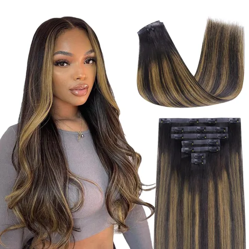Miniatura 41 de Lashey - Extensiones de cabello con clip sin costuras, de cabello humano real, 7 unidades, 110 g, 14 pulgadas, color negro natural, lacio
