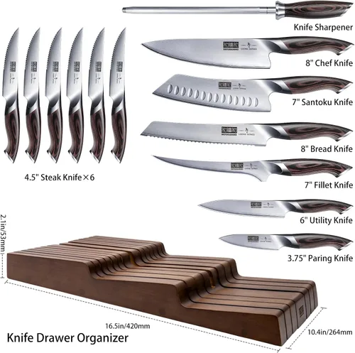Miniatura 2 de HOSHANHO Juego de cuchillos de cocina con bloque, juego profesional de 14 piezas de bloque de cuchillos ultra afilado en organizador de cajones