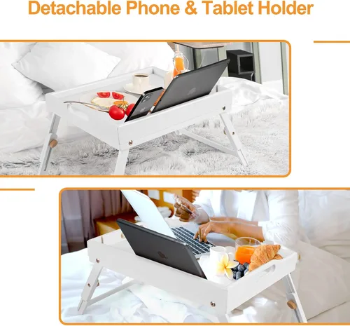 Miniatura 2 de Greenual Paquete de 2 Bandejas de Cama con Asas y Patas Plegables, Bandeja de Bambú para Desayuno con Ranura para Medios, Usar como Bandeja, Blanco