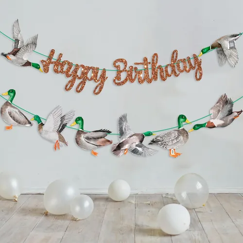 Miniatura 9 de Pancartas de feliz cumpleaños de pato mallardo, decoraciones de cumpleaños de caza de patos, pancartas de fiesta de cumpleaños de pato malardo