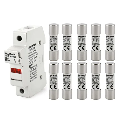 Baomain Base portafusibles RT18-32 con fusibles de cerámica de 10x1A (0.394x1.496 in) - Montaje en riel DIN de 1 polo, indicador LED, certificado CE