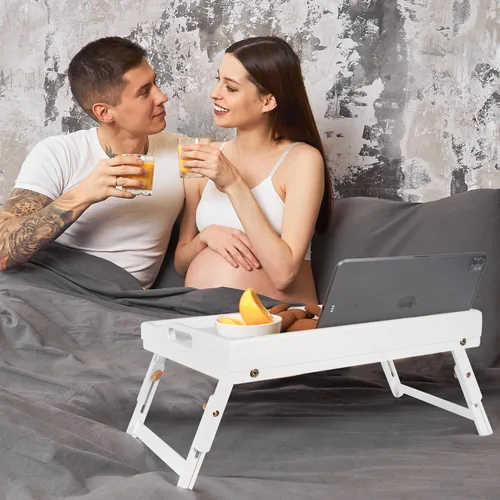 Miniatura 8 de Greenual Paquete de 2 Bandejas de Cama con Asas y Patas Plegables, Bandeja de Bambú para Desayuno con Ranura para Medios, Usar como Bandeja, Blanco
