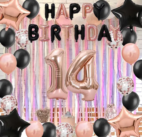 Miniatura 5 de Decoraciones de cumpleaños número 14: globos de papel de aluminio de estrella con el número 14 de oro rosa, confeti de látex para su fiesta