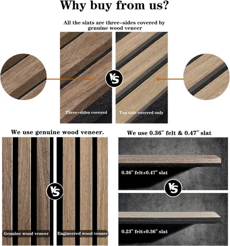 Miniatura 4 de Paneles de madera para pared, 2 paneles de pared de listones de madera, paneles de pared acústicos de chapa de nogal natural, 12.6 pulgadas de ancho