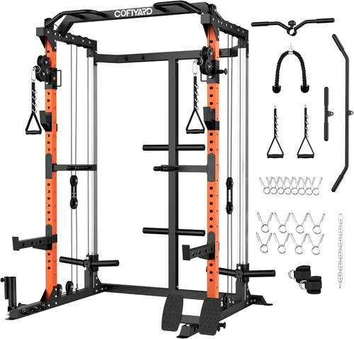 Miniatura 9 de Cofiyard - Jaula de potencia, soporte de alta resistencia con sistema de poleas dobles, barra multifunción para sentadillas con cruce de cables