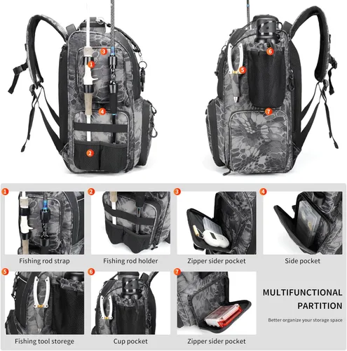 Miniatura 4 de Rabjen Mochila de aparejos de pesca con soportes para caña, soporte para botellas, bolsa de almacenamiento, tienda de equipo de pesca Camuflaje Negro